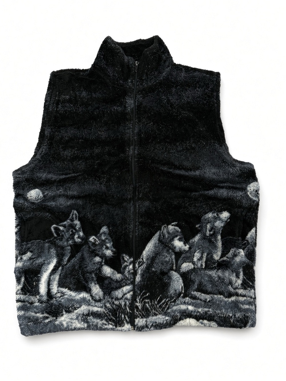 Vintage Made in Canada Wolf Pack Fleece Vest Black Large Full Zip Cabin